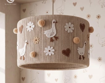 Handmade Nursery Felt Lamp - Gosling Boho Farm Lampshade for Kids Room with Goose