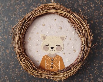 Handmade Felt Cat Wreath, Boho Nursery Wall Decor