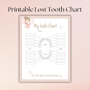 Tabla imprimible de pérdida de dientes, imprimible del Hada de los Dientes, carta del Hada, imprimible para niños, recuerdo de hitos, registro personalizado de pérdida de dientes de leche