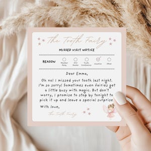 May include: A pink and white Tooth Fairy missed visit notice card. The card has text that reads "The Tooth Fairy" and "Missed Visit Notice". The card is addressed to "Dear Emma" and includes a message from the Tooth Fairy. A small fairy illustration is in the bottom right corner.