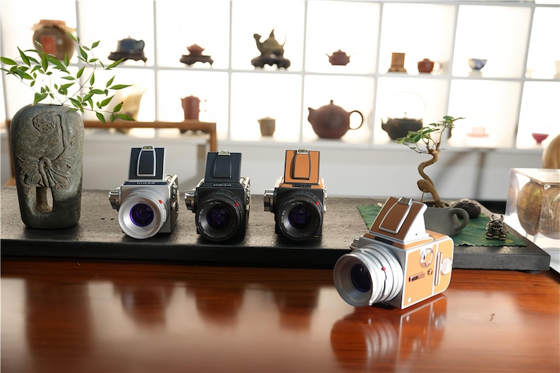 May include: Four vintage-style cameras with silver, black, and tan accents are arranged on a dark surface. The cameras have large lenses and a retro design. A decorative vase with greenery and a bonsai tree are also in the scene.