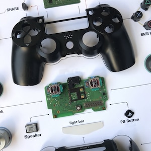 May include: A disassembled black PlayStation 4 controller with its internal components visible. The controller is laid out on a white surface with labels for each part, including the light bar, speaker, and PS button.
