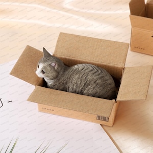 Cat in a Box-sculptuur met fijn imitatiebont | Prachtige handgemaakte harskunst | Gedetailleerd kattenontwerp | Beste cadeau voor kattenliefhebber