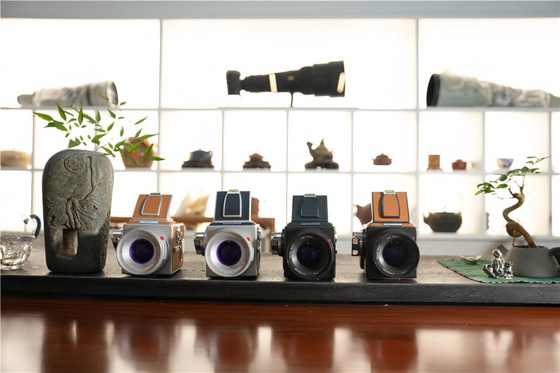 May include: Four vintage-style cameras with silver and black bodies, and brown or black top flaps, are displayed on a dark surface. The cameras have purple lenses. A decorative stone vase and bonsai tree are also present.