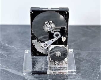 Hard Drive Sculpture: Metal Mechanical Disk on Crystal Base