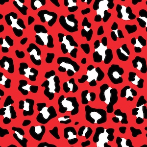 May include: A seamless pattern featuring black and white leopard spots on a vibrant red background. The design is a repeating pattern of irregular shapes, creating a bold and eye-catching print.