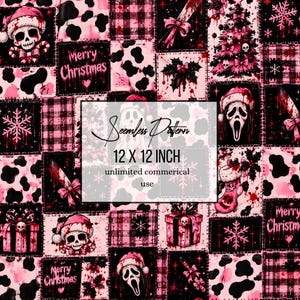 May include: A seamless pattern featuring a patchwork design in black and pink. Elements include skulls in Santa hats, bloody knives, Christmas trees with skulls, stockings, gifts, snowflakes, and cow print. Text reads: Seamless Pattern 12 X 12 INCH unlimited commerical use.