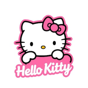 May include: A white cartoon cat with a pink bow and black whiskers. The cat is outlined in black and set against a pink background with the words "Hello Kitty" in white script.