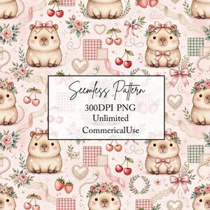 Puede incluir: Un patrón continuo con capibaras de dibujos animados con lazos rosas, cerezas rojas, fresas, rosas, corazones y cintas de encaje sobre un fondo rosa claro. El texto dice: Seamless Pattern 300DPI PNG Unlimited CommericalUse.