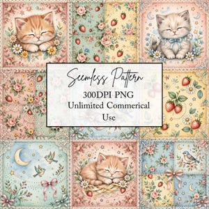 May include: A digital seamless pattern featuring illustrations of kittens, strawberries, flowers, birds, and crescent moons in pastel colors. The text reads: Seamless Pattern, 300DPI PNG, Unlimited Commerical Use. The design includes lace-like borders.