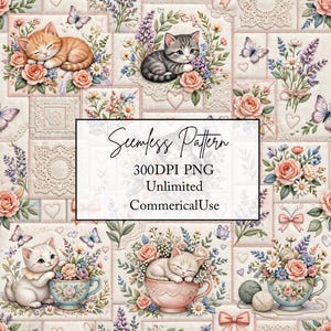 May include: A seamless pattern featuring kittens, floral bouquets, butterflies, and lace doilies on a quilted background. Text reads: Seamless Pattern, 300DPI PNG, Unlimited, CommericalUse. The design includes soft pink roses, lavender, and white daisies.