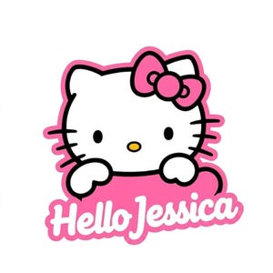 Puede incluir: Un gato de dibujos animados blanco con un lazo rosa y un borde rosa. El gato sostiene una pancarta rosa con el texto "Hello Jessica" en letras cursivas blancas. El gato tiene ojos negros, bigotes y una nariz amarilla.