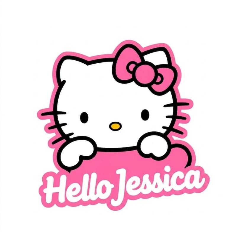 Puede incluir: Un gato de dibujos animados blanco con un lazo rosa y un borde rosa. El gato sostiene una pancarta rosa con el texto "Hello Jessica" en letras cursivas blancas. El gato tiene ojos negros, bigotes y una nariz amarilla.