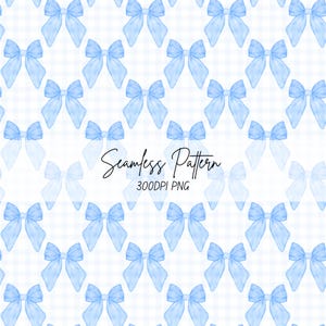 May include: A seamless pattern featuring repeating light blue watercolor-style bows arranged on a white background with a subtle grid. The text Seamless Pattern 300DPI PNG is centered in black script and sans-serif font over the bow design.