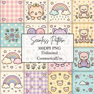 Patrón sin costuras Kawaii Patchwork PNG, Lindos gatos, ositos de peluche, arcoíris, papel digital acolchado en tonos pastel, 300 DPI, uso comercial