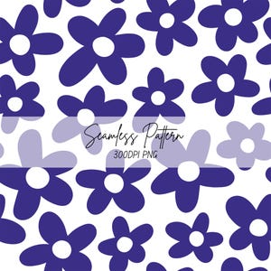 May include: A seamless pattern featuring dark blue five-petaled flowers with white centers on a white background. A semi-transparent horizontal band across the center displays the black text Seamless Pattern 300DPI PNG.