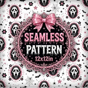 Può includere: Un motivo senza cuciture su sfondo bianco con maschere da fantasma bianche e nere, ragni neri, ragnatele, pipistrelli e stelle glitterate rosa. Una cornice centrale glitterata rosa con un fiocco contiene il testo SEAMLESS PATTERN 12x12in.