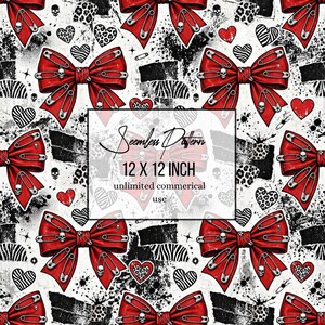 May include: A seamless pattern featuring red bows adorned with silver safety pins and small skulls, interspersed with black and white leopard print hearts, zebra striped hearts, and black paint splatters. Text reads: Seamless Pattern 12 X 12 INCH unlimited commercial use.