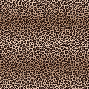Könnte beinhalten: Ein sich wiederholendes Leopardenmuster mit dunkelbraunen und schwarzen unregelmäßigen Flecken auf einem hellbraunen und beigen Hintergrund. Das Design bedeckt die gesamte Fläche mit einer dichten Anordnung organischer Formen, die an Tierfell erinnern.
