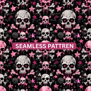 May include: A seamless pattern featuring white skulls with pink crossbones and pink X-shaped eyes on a black background. The design includes scattered pink stars and pink paint drip effects. The text SEAMLESS PATTREN is centered in a pink bar.