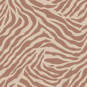 May include: A repeating pattern featuring organic, flowing zebra-like stripes in a muted terracotta brown color set against a solid light beige background. The lines vary in thickness and length, creating a continuous, fluid, and abstract graphic design.
