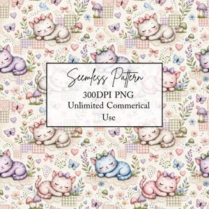 Pastel Kitten Patchwork Seamless Pattern, Cottagecore Cat Digital Paper PNG, Coquette Bows Mushrooms Gingham Lace, 300 DPI Commercial Use