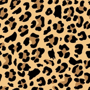 May include: A seamless pattern featuring a leopard print design. The pattern consists of black and brown spots on a tan background. The spots vary in size and shape, creating a natural, animalistic aesthetic.