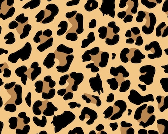 May include: A seamless pattern featuring a leopard print design. The pattern consists of black and brown spots on a tan background. The spots vary in size and shape, creating a natural, animalistic aesthetic.