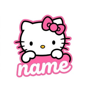 Puede incluir: Un gato de dibujos animados blanco con un lazo rosa, ojos negros y bigotes. El gato est&aacute; delineado en negro y sobre un fondo rosa con la palabra "name" en cursiva.