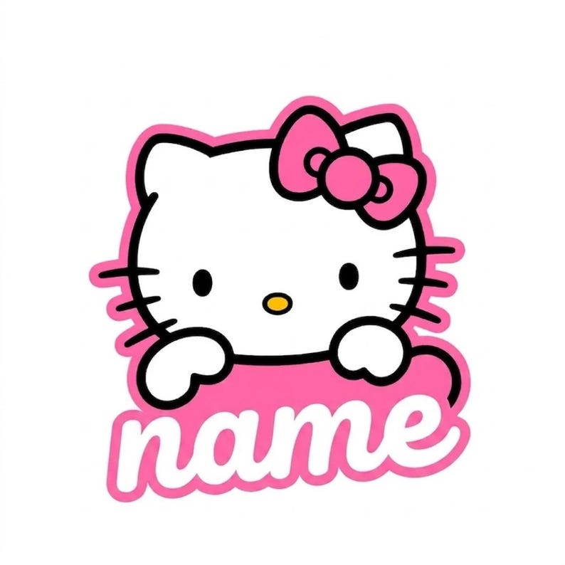 Puede incluir: Un gato de dibujos animados blanco con un lazo rosa, ojos negros y bigotes. El gato est&aacute; delineado en negro y sobre un fondo rosa con la palabra "name" en cursiva.