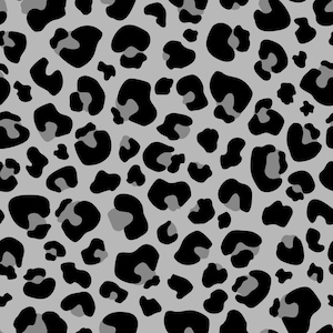 May include: A seamless pattern featuring black leopard spots on a light gray background. The spots vary in size and shape, creating a classic animal print design. This pattern is suitable for various applications, including fabric and wallpaper.