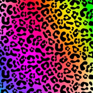 May include: A vibrant, colorful leopard print pattern. The design features black spots over a gradient background of pink, purple, yellow, and green. This bold pattern is suitable for various applications, including fabric, wallpaper, or digital art.