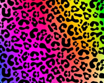 May include: A vibrant, colorful leopard print pattern. The design features black spots over a gradient background of pink, purple, yellow, and green. This bold pattern is suitable for various applications, including fabric, wallpaper, or digital art.
