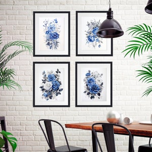 4 fichiers numériques décoratifs floraux, style vintage, tons bleus pour décorer différentes pièces. fichiers numériques imprimables