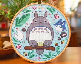 Totoro-inspired cross stitch pattern embroidery Mystical mushrooms decor PDF