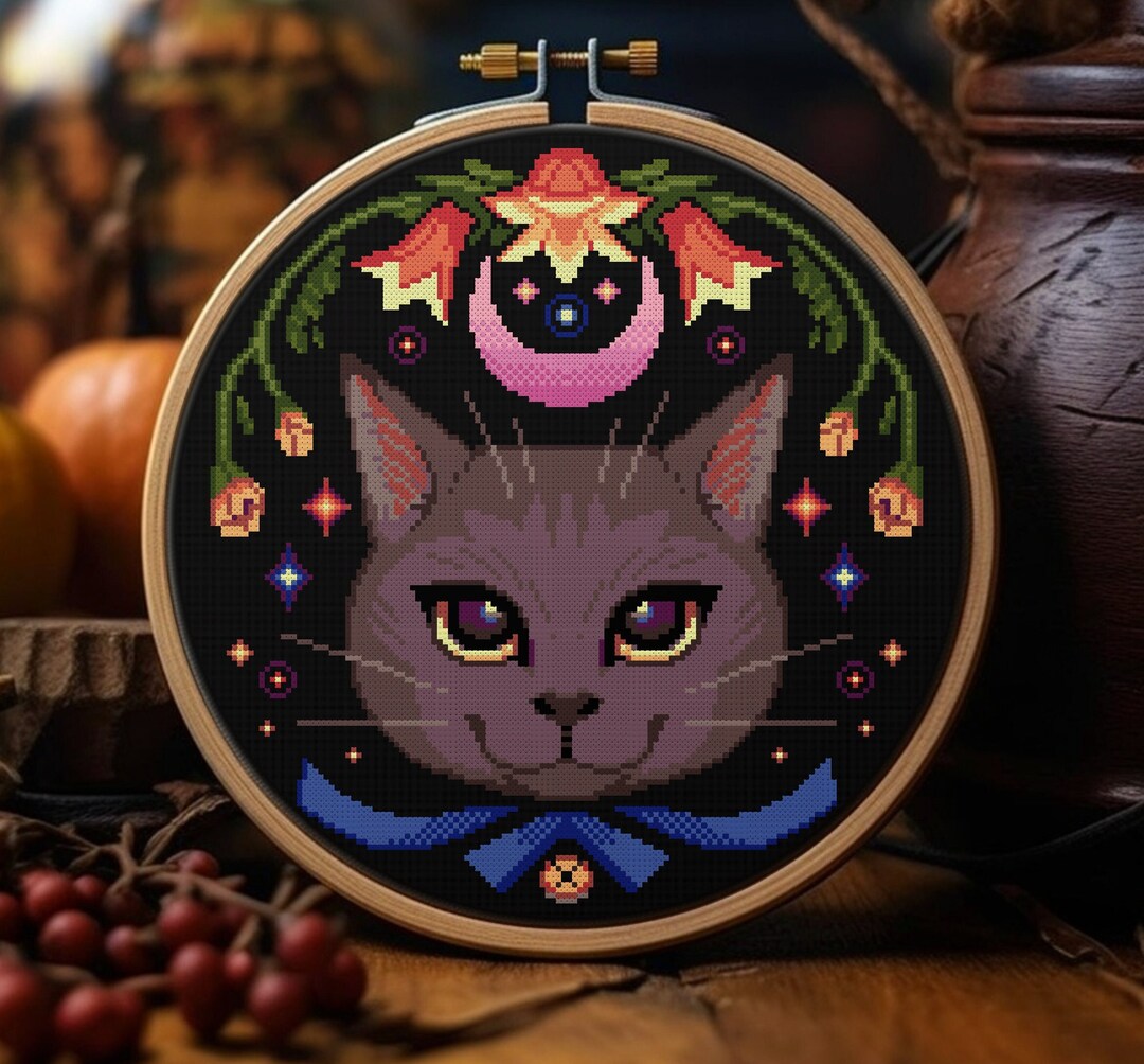 MOON CAT Black Cross Stitch Pattern Embroidery Gothic Modern Animal ...
