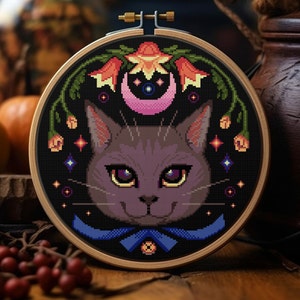 MOND KATZE schwarz Kreuzstich Muster Stickerei Gothic Modern Animal Mystical Witchy Halloween Decor PDF