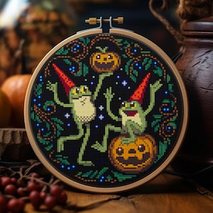 Halloween Toads cross stitch pattern embroidery Gothic Modern  Mystical mushrooms Goblincore theme Cottagecore