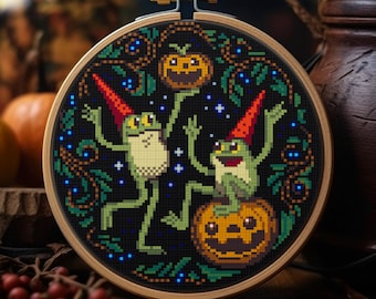 Halloween Toads cross stitch pattern embroidery Gothic Modern  Mystical mushrooms Goblincore theme Cottagecore