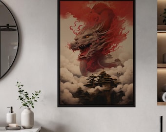 Chinese drakenkunstposter - muurdecoratie Aziatische mythologie - print vurige rode wolken