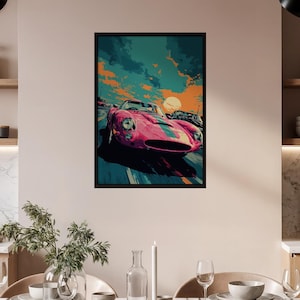 Żywy plakat pop-art z klasycznym samochodem wyścigowym | Jaskraworóżowy nadruk z zabytkowym samochodem sportowym | Dynamiczna dekoracja ścienna do motoryzacji | Prezent dla entuzjasty prędkości w stylu retro