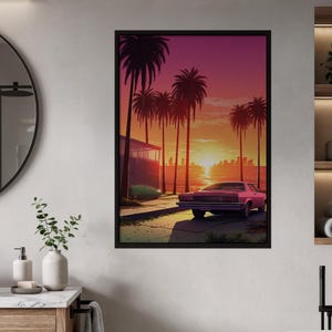 Vibrant Synthwave Sunset Poster | Retro 80s 90s Aesthetic Wall Art with Classic Cars & Palm Trees | Miami Vice Style Dreamscape Decor