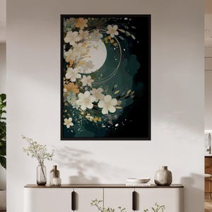 Elegant Moonlit Floral Poster | Ethereal Night Garden Wall Art | Tranquil Botanical Print for Sophisticated Home Decor & Calming Spaces