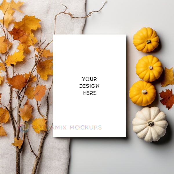 Greeting Card Mockup, Autumn Greeting Card Mockup, Fall Card Mockup, Yellow Pumpkins, Fall 5x7'' Card digital Mockup, Digital Download