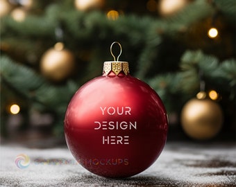 Red Christmas Bauble Mockup, Christmas custom Ornament Mockup, Ceramic red round Christmas Bauble Mockup, Add your own Design