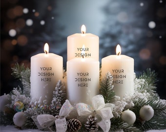 White Pillar Candles in Advent Wreath Mockup, Candle Label Mockup, White Pillar Candle label Mockup, 4 white Candle Mockup, Digital Download