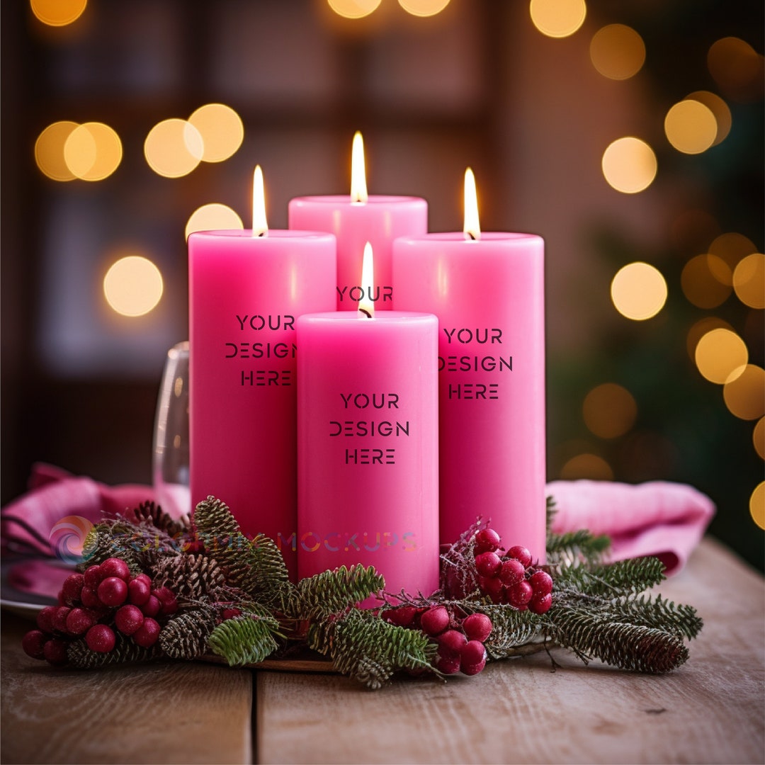 Pink Pillar Candles in Advent Wreath Mockup, Candle Label Mockup, Pink