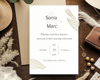 Elegant Wedding Invitation, Gold Wedding Invite, Simple Wedding Template, Printable Invitation, Gold Digital Template, Editable Invitation