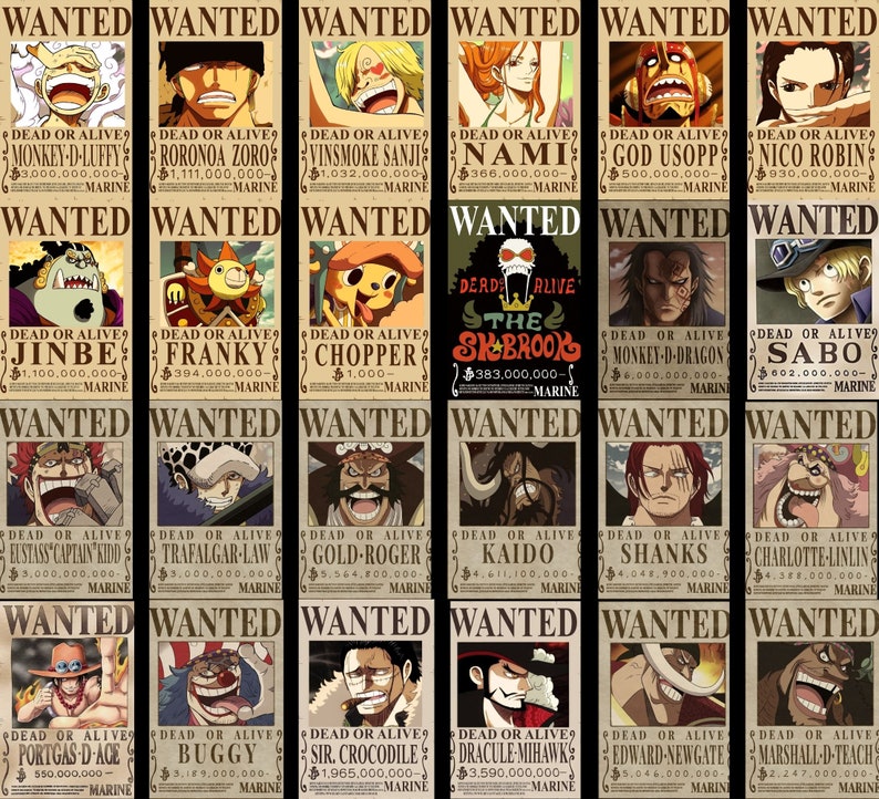 May include: A collage of wanted posters featuring characters from the anime series One Piece. Each poster has a character's name, bounty, and the words "Dead or Alive" printed on it. The posters are in a vintage style with a yellowed background and black text.