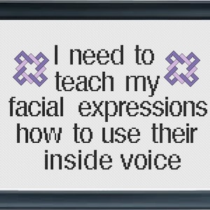 May include: Cross-stitch pattern with purple and white thread, featuring the text "I need to teach my facial expressions how to use their inside voice".